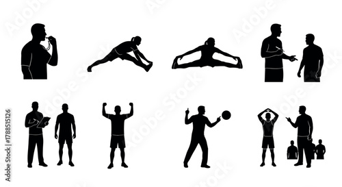 Silhouettes of male athletic figures performing various exercises and coaching interactions, showcasing dynamic sports movements and communication.