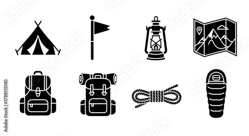 Black silhouette icons of outdoor camping gear including a triangular tent, flag, lantern, map, backpacks, rope, and a sleeping bag in a minimalistic style.