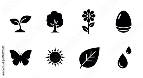 Eight black silhouette icons depicting nature: a plant sprout, a tree, a flower, an egg, a butterfly, the sun, a leaf, and two water droplets.