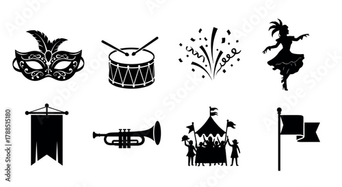 Black silhouette icon set depicting carnival elements including a decorated mask, drum with sticks, fireworks, dancer, banner, trumpet, crowd at a fair, and flag.