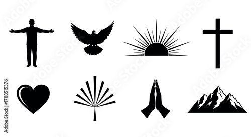 A black silhouette of a person with open arms beside symbols of a dove, sunburst, cross, heart, stylized plant, praying hands, and a mountain range.