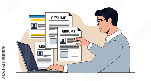 Professional candidate analyzing resumes on laptop in modern workspace