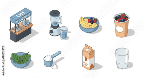 Isometric cafe smoothie bar essentials with fruits and blender