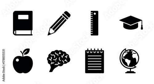 Eight black silhouette icons representing education concepts including a book, pencil, ruler, graduation cap, apple, brain, notepad, and globe.