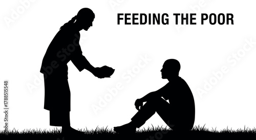Silhouetted act of charity with a standing person offering food to a seated person, symbolizing compassion and assistance.