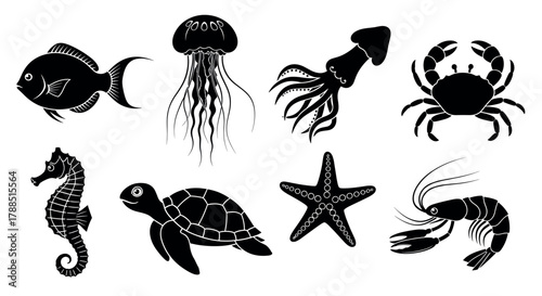 Black silhouette icons of various sea creatures, including a fish, jellyfish, squid, crab, seahorse, turtle, starfish, and shrimp.