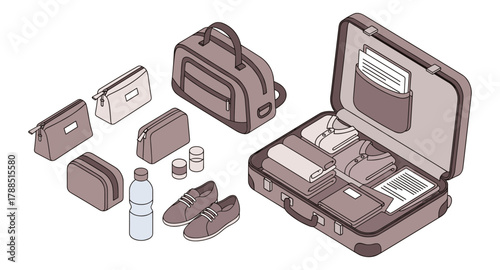 Organized travel essentials in isometric style with suitcase, bags, shoes, and toiletries