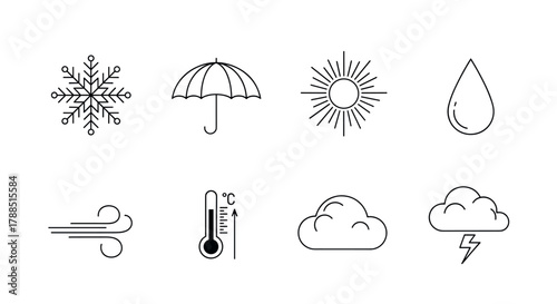 A collection of eight black outline weather icons including a snowflake, umbrella, sun, raindrop, wind, thermometer, cloud, and storm cloud.