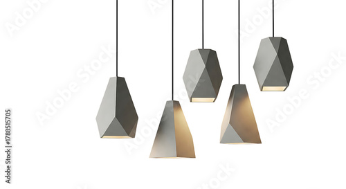 Array of contemporary geometric concrete pendant lights showcasing modern interior design and architectural lighting. Minimalist hanging lamps with warm illumination