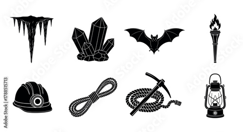Collection of various black icon silhouettes depicting caving essentials including a stalactite, crystals, bat, torch, helmet, rope, ice axe, and lantern.