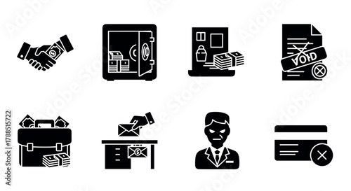 Eight black outline icons depicting various business and financial concepts, including a handshake with money, a safe with cash, and a contract labeled void.