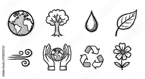 Hand-drawn environmental icons including earth, tree, water drop, leaf, wind, hands holding earth, recycling symbol, and flower.