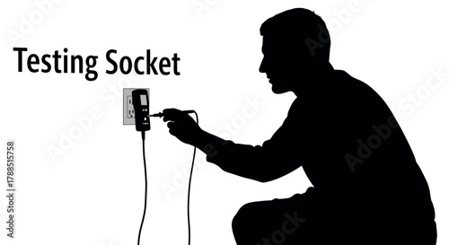 Silhouette of a man plugging a device into an electrical socket, testing the connection against a white background.
