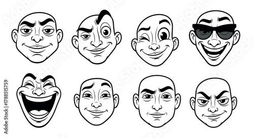 Eight black-and-white cartoon faces of bald males with varied facial expressions, including winking, smiling, and wearing sunglasses.