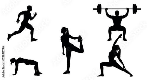 Silhouette figures of male and female athletes in various fitness poses, including running, stretching, weightlifting, and yoga exercises.