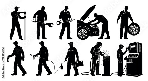 Silhouette illustrations of mechanics engaged in various tasks including welding, tire replacement, car repair, and carrying tools in a workshop setting.