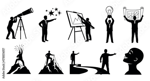 Collection of black silhouette icons depicting various business concepts, including presentation, innovation, and leadership activities.