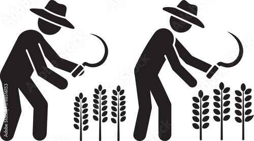 Two farmers harvesting wheat with sickles in a field silhouette