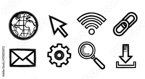 Eight black outline icons representing internet concepts, including a globe, cursor, wi-fi, link, email, gear, magnifying glass, and download arrow.