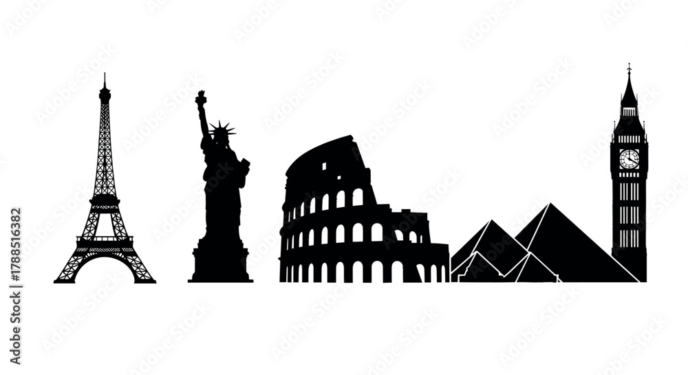 Naklejka premium Black silhouette illustration of four iconic world landmarks including the eiffel tower, statue of liberty, colosseum, and big ben.