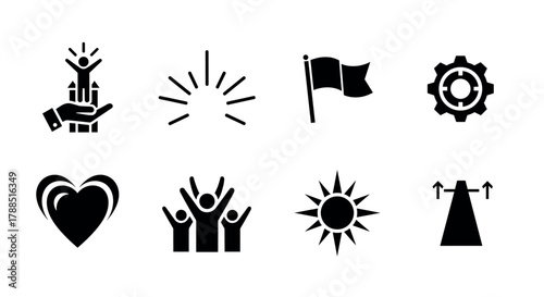 Set of eight black silhouette icons including hands holding a figure, radiating lines, flag, gear, heart, celebratory group, sun, and ascending road.