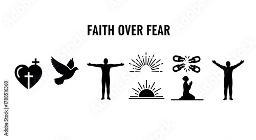 Black icons representing religious faith concepts, including a heart with a cross, dove, human figure, sunrise, praying silhouette, and broken chains.