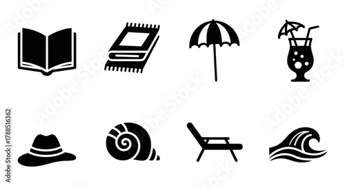 Set of black icons illustrating beach and leisure items including a book, notebook, umbrella, cocktail, hat, seashell, lounge chair, and wave.