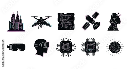 Black outline icons depicting futuristic technology concepts, including a drone, satellite, vr headset, microchips, and smart cityscape.