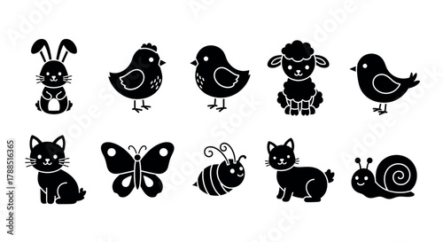 Black silhouette icons of various animals including a rabbit, birds, a sheep, cats, a butterfly, a bee, and a snail, arranged in two rows.