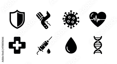 Collection of eight black icons including shield, paint roller, virus, heart, medical cross, syringe, blood droplet, and dna helix.