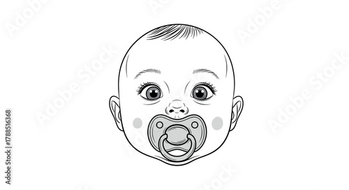 Black and white illustration of a baby's face with a pacifier, featuring large eyes and small ears, highlighting innocence and infancy.
