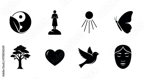 Collection of eight black silhouette icons, including yin-yang symbol with leaves, meditating person, sun with rays, butterfly, tree, heart, hummingbird, and a serene face.