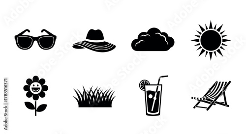 Black silhouette icons depicting sunglasses, a wide-brimmed hat, a cloud, a sun, a smiling flower, grass, a citrus drink with straw, and a striped deck chair.