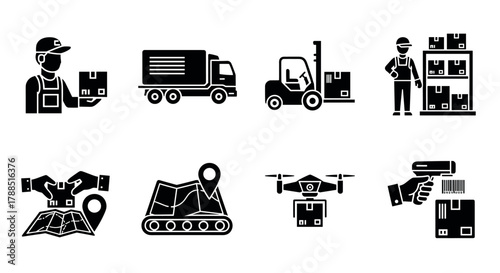 Black icons depicting various aspects of logistics, including a delivery worker, transport truck, forklift, warehouse, drone, barcode scanner, and map navigation.