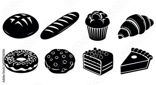 Black silhouette icons of various baked goods, including a loaf of bread, baguette, muffin, croissant, donut, cookie, layered cake, and a slice of pie.