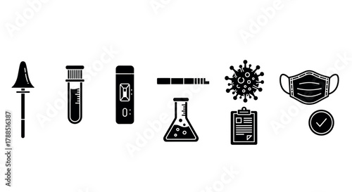 Black icons of medical tools including a swab, test tube, rapid test, beaker, virus, clipboard, face mask, and check symbol arranged in a row.