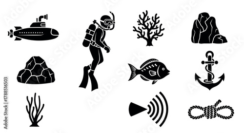 Collection of black silhouette icons depicting a diver, submarine, coral, fish, rocks, anchor, rope, and sonar waves, representing various underwater exploration elements.