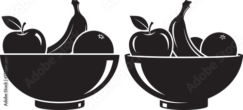 Two black silhouette bowls filled with assorted fruits silhouette