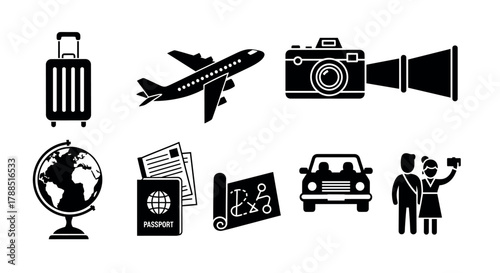 Collection of black travel-themed icons including a suitcase, airplane, camera, globe, passport, map, car, and tourists taking a selfie.