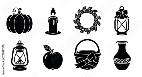 Black silhouette icons depicting autumn and holiday elements, including a pumpkin, candle, wreath, lanterns, apple, basket, and vase.