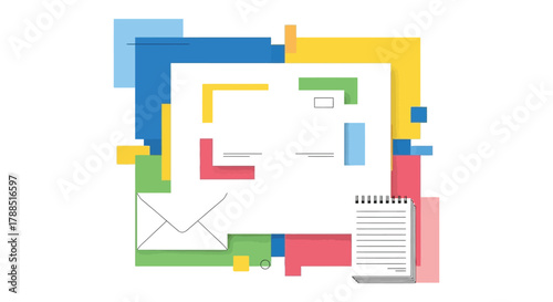 Abstract geometric composition of colorful paper layers and envelopes representing communication and organization