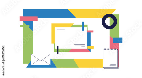 Creative abstract geometric composition with colorful shapes and office supplies on white background