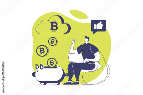 Cryptocurrency mining web concept with flat people for website design. Man working at laptop on crypto farm, extracting digital money and bitcoins for virtual trading and wealth. Vector illustration.