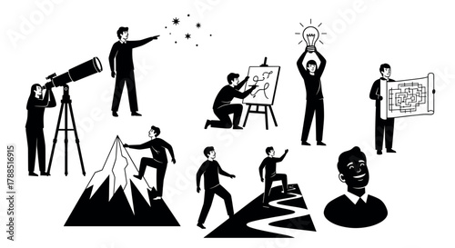 Black and white illustrations of a male character engaged in various activities, including stargazing, painting, hiking, thinking, and navigating a maze.