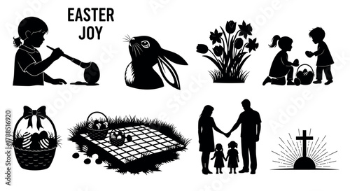 Silhouette scenes depict easter activities including children painting eggs, a rabbit, a picnic, and a family holding hands near a cross.