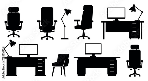 Black silhouette icons of office furniture, including swivel chairs, desks with monitors, and floor lamps for workspace design.