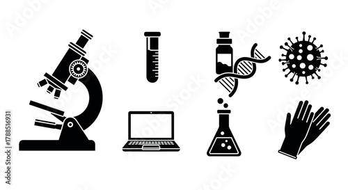 Black icons representing science, including a microscope, test tube, laptop, dna strand, virus, and protective gloves, set against a white backdrop.