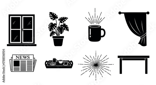 Black silhouette icons of a window, potted plant, steaming mug, curtain, newspaper, tray with drinks, sunburst, and table.