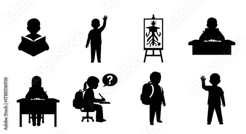 Silhouette icons of children in various educational activities, including reading, raising hands, painting, and writing at desks.