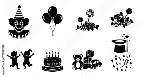 Black silhouette icons depicting various party-themed elements, including a clown face, balloons, candy, a magician's hat, dancing children, a birthday cake, toys, and confetti.